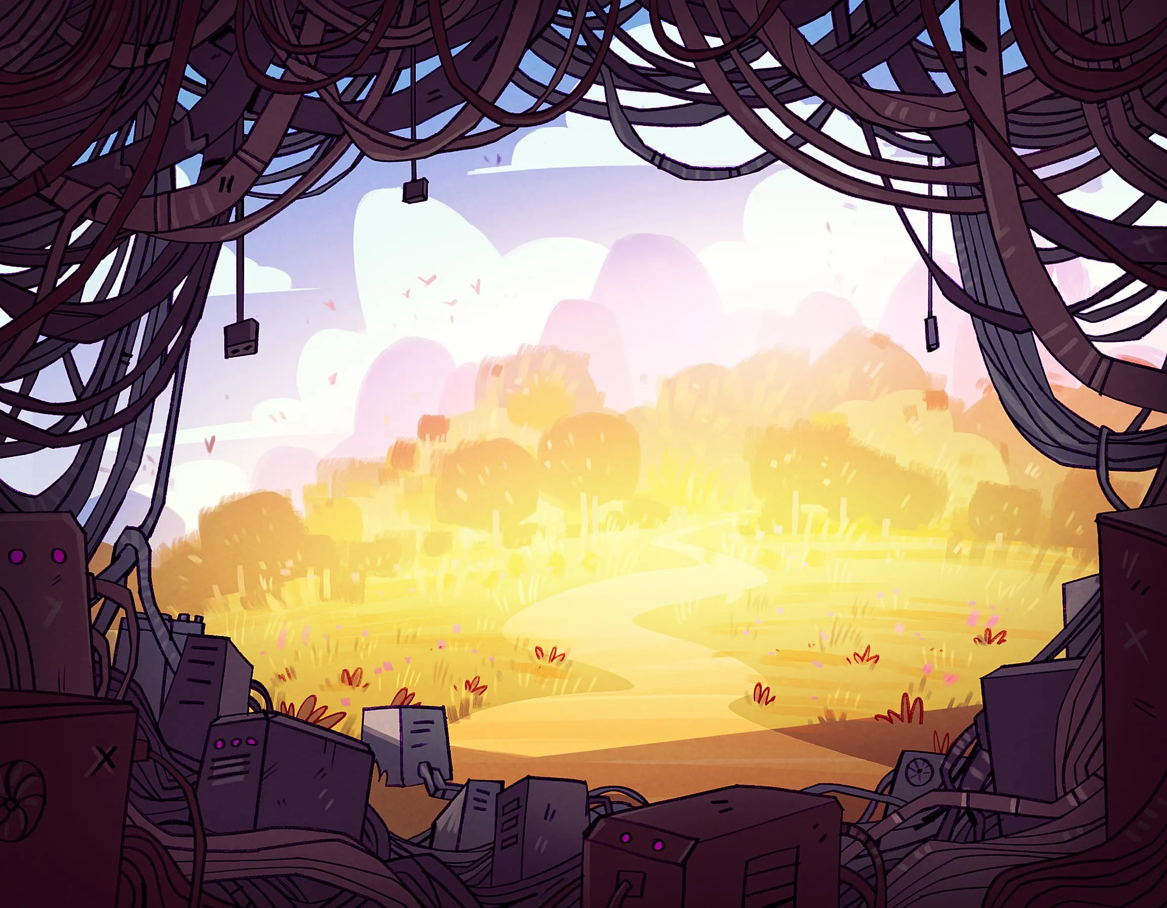 Illustration von Florian Biege. Blick aus einem Elektronik Dschungel auf eine sonnendurchflutete Landschaft.